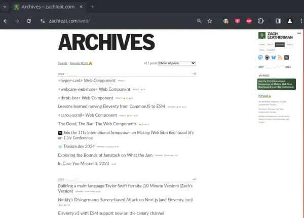zachleat.com archive page shows Zach Leatherman's archived posts grouped by year in descending order