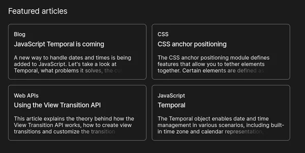 MDN has a featured articles section with 4 cards. Each card shows a section, a title, and a description. The cards are uniform in height. This is made possible by restricting the height of the description to 3 lines.