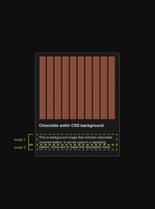 A card with an image, title, and a description. The description field has 2 highlighted overlays showing where the masks are places. Mask 1 is placed over the first 2 lines, mask 2 is placed over the last third and final line 